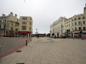 view looking W from Hastings Castle across the western portion of Hastings Town Centre